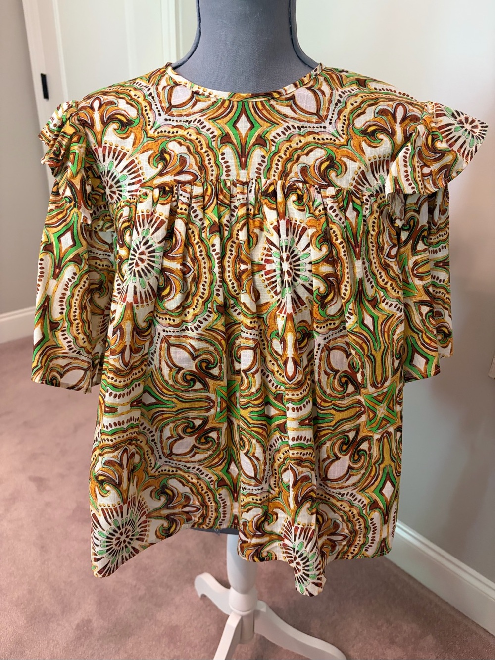 Lavender Brown Green Brown and Gold Printed Ruffle Sleeve Blouse